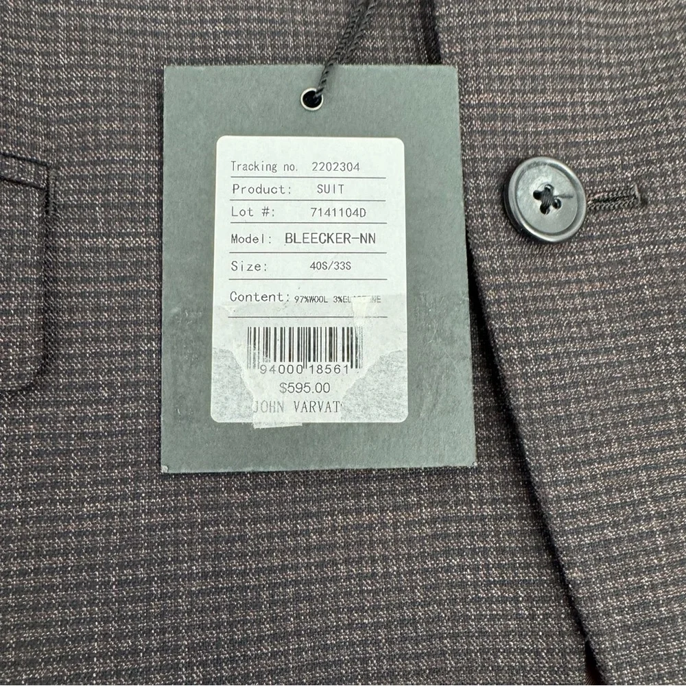 John Varvatos Bleecker-NN Wool 2-Piece Suit - NWT Size 40S 33S Brown MSRP $595